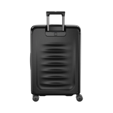 Black hardshell rolling suitcase with horizontal ridges and a retractable handle.