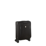 Black wheeled carry-on suitcase with front pocket.