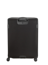 Black rolling suitcase with a retractable handle and four wheels.