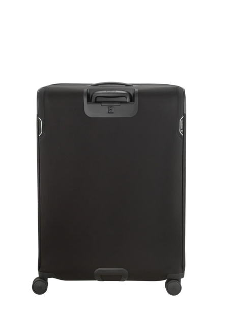 Black rolling suitcase with a retractable handle and four wheels.