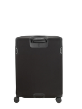 Black rolling suitcase with four wheels and a retractable handle.