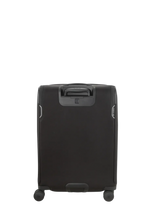 Black rolling suitcase with a retractable handle and wheels.
