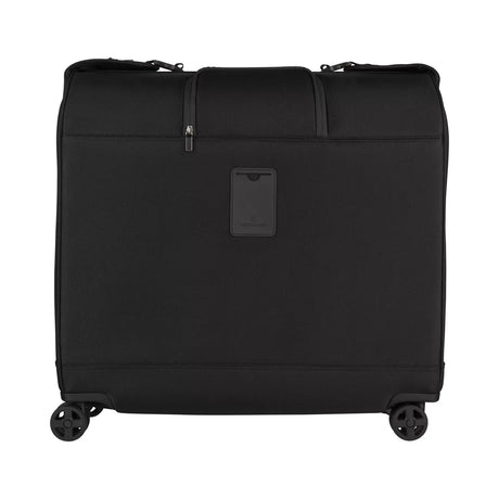 Black rolling garment bag with multiple compartments and a luggage tag.