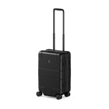 Black hardshell carry-on suitcase with wheels and retractable handle.