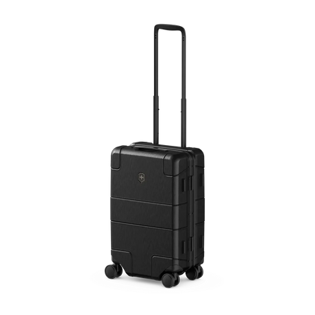 Black hardshell carry-on suitcase with wheels and retractable handle.