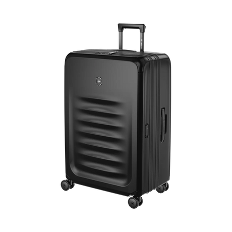 Black hardshell rolling suitcase with horizontal ridges on the front.