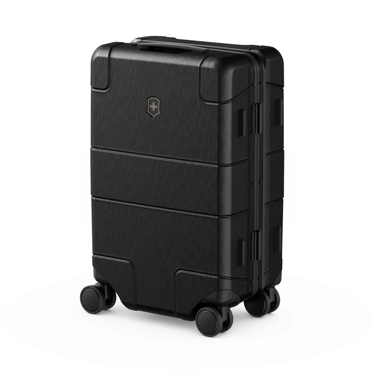 Black hardshell rolling suitcase with horizontal ridges and a logo.
