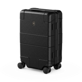 Black hardshell rolling suitcase with horizontal ridges and a logo.