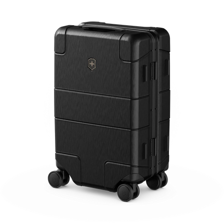 Black hardshell rolling suitcase with horizontal ridges and a logo.