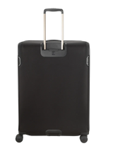 Black rolling suitcase with an extendable handle.