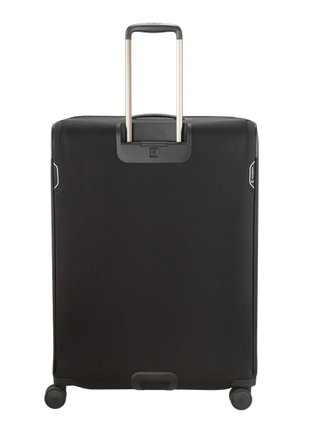 Black rolling suitcase with an extendable handle.