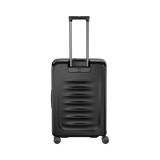 Black hardshell rolling suitcase with a retractable handle and horizontal ridges on the front.