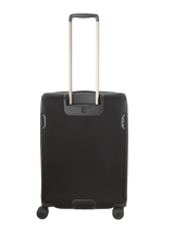 Black rolling suitcase with an extendable handle.