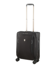 Black wheeled carry-on suitcase with an extendable handle.