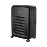 Black hardshell rolling suitcase with horizontal ridges on the front panel.