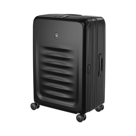 Black hardshell rolling suitcase with horizontal ridges on the front panel.
