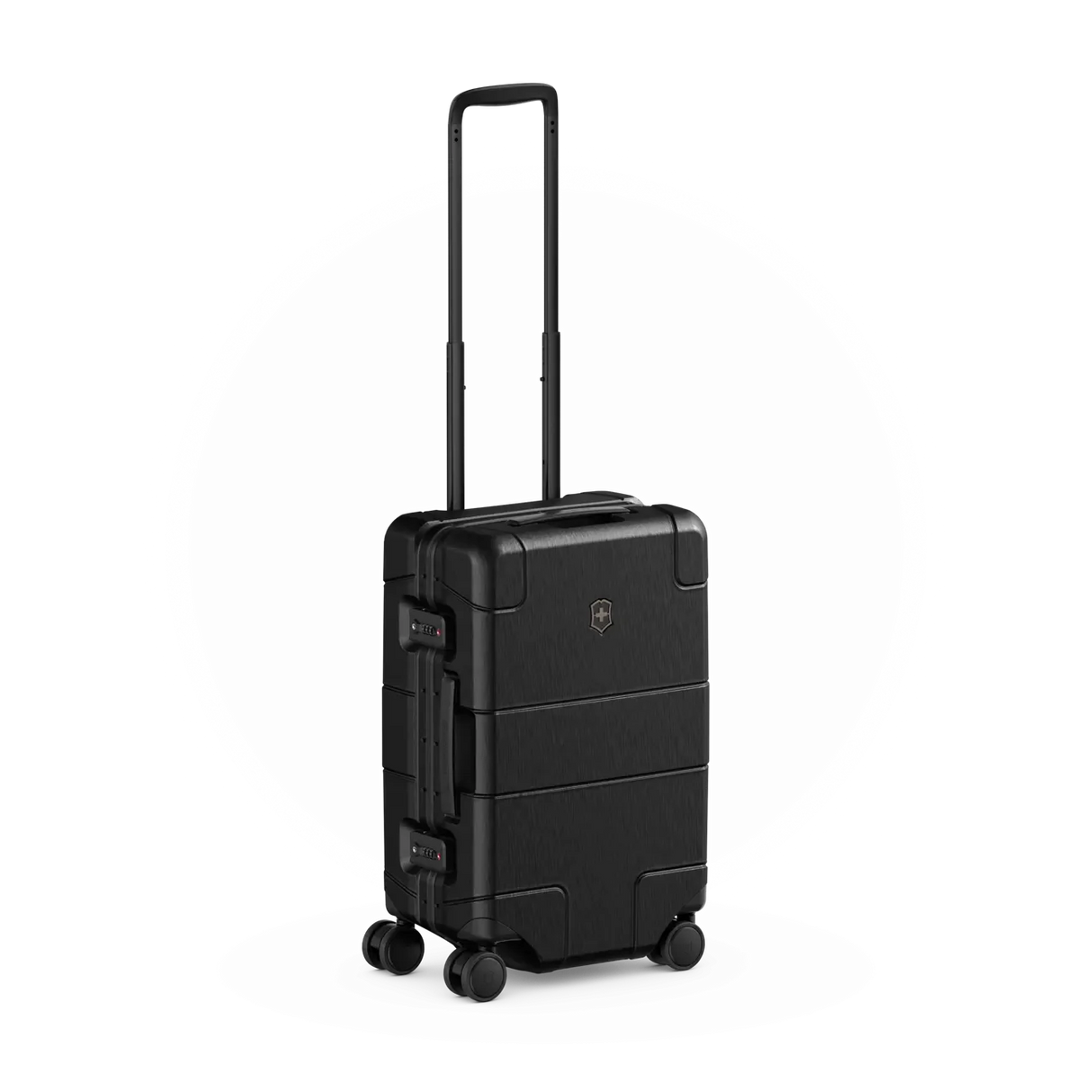 Black hardshell carry-on suitcase with wheels and retractable handle.