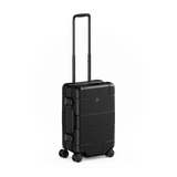 Black hardshell carry-on suitcase with wheels and retractable handle.