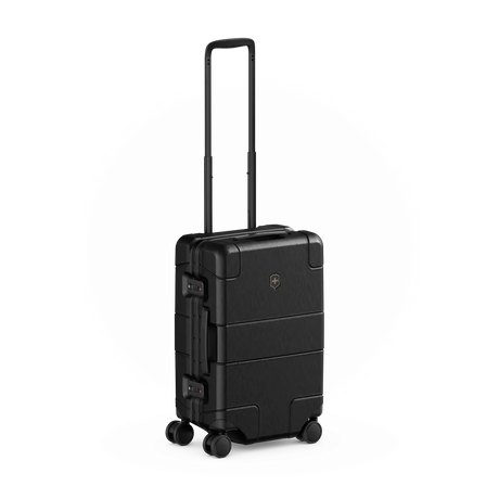 Black hardshell carry-on suitcase with wheels and retractable handle.
