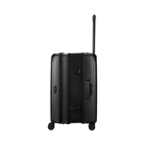 Black hardshell rolling suitcase with an extendable handle.