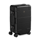 Black hardshell rolling suitcase with horizontal ridges and a logo.