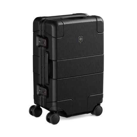 Black hardshell rolling suitcase with horizontal ridges and a logo.