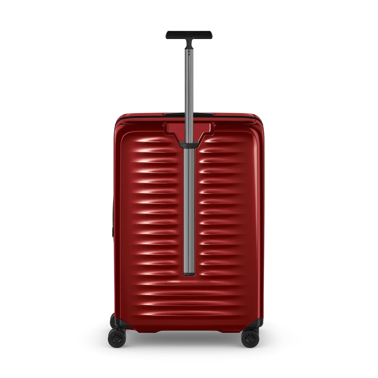 Red hardshell rolling suitcase with horizontal ridges and an extendable handle.