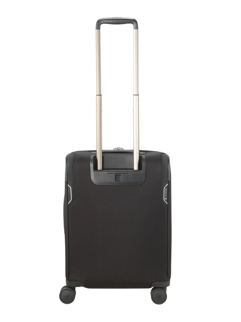Black wheeled carry-on suitcase with an extendable handle.