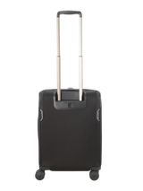 Black wheeled carry-on suitcase with an extendable handle.