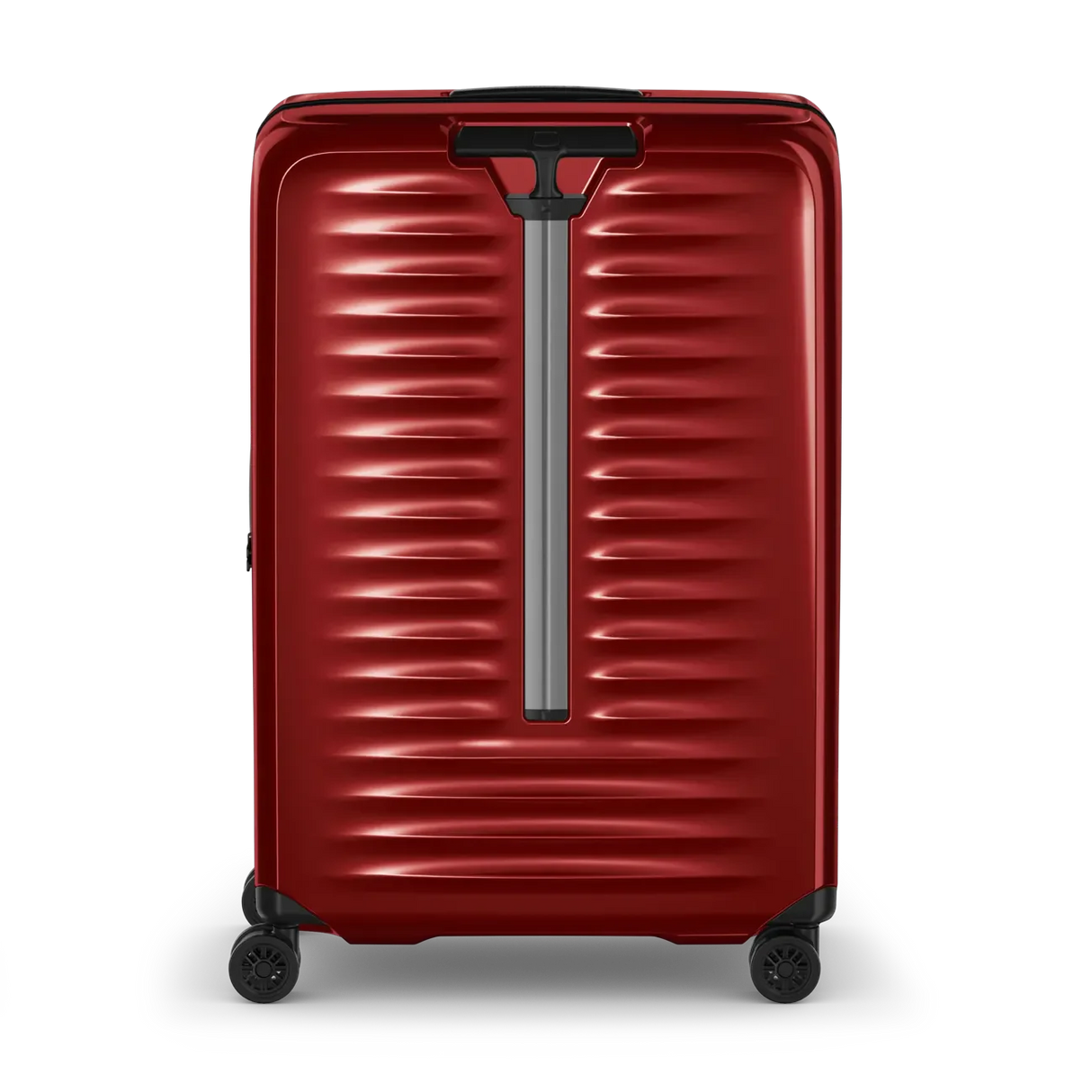 Red hardshell rolling suitcase with horizontal ridges and a vertical handle.