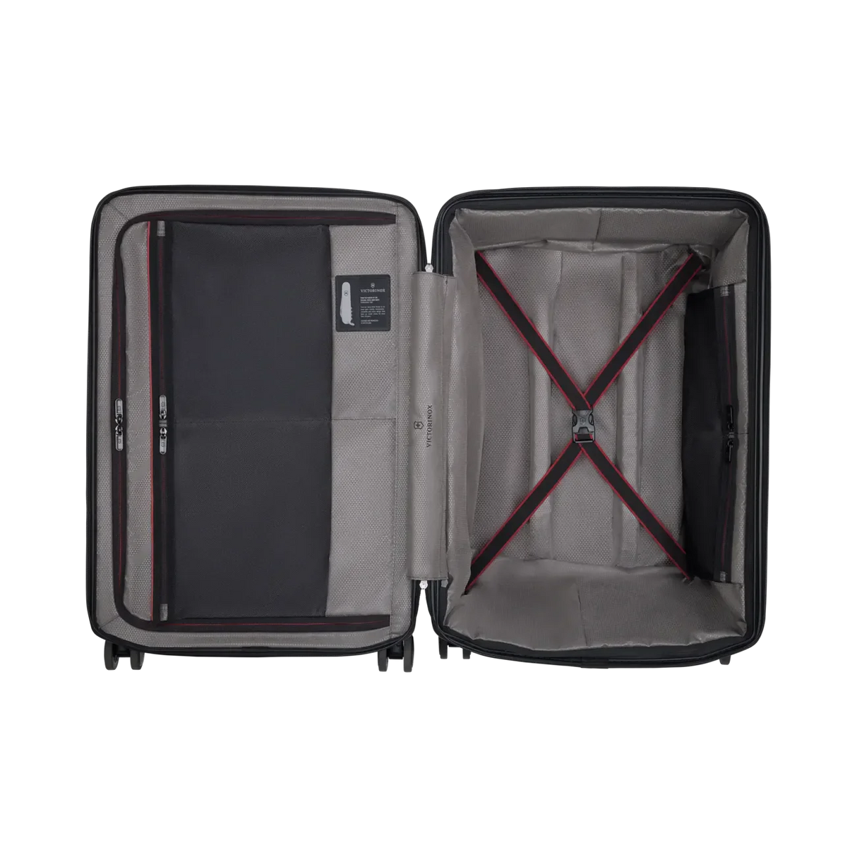 Open suitcase showing its interior compartments and straps.