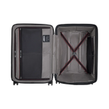 Open suitcase showing its interior compartments and straps.
