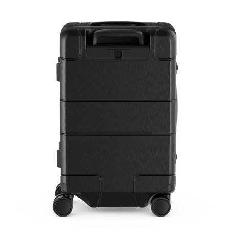 Black hardshell suitcase with wheels and a retractable handle.