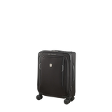 Black wheeled carry-on suitcase with multiple compartments and a sleek design.