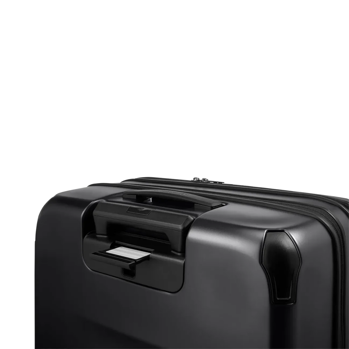 Black hard-shell suitcase with a retractable handle.