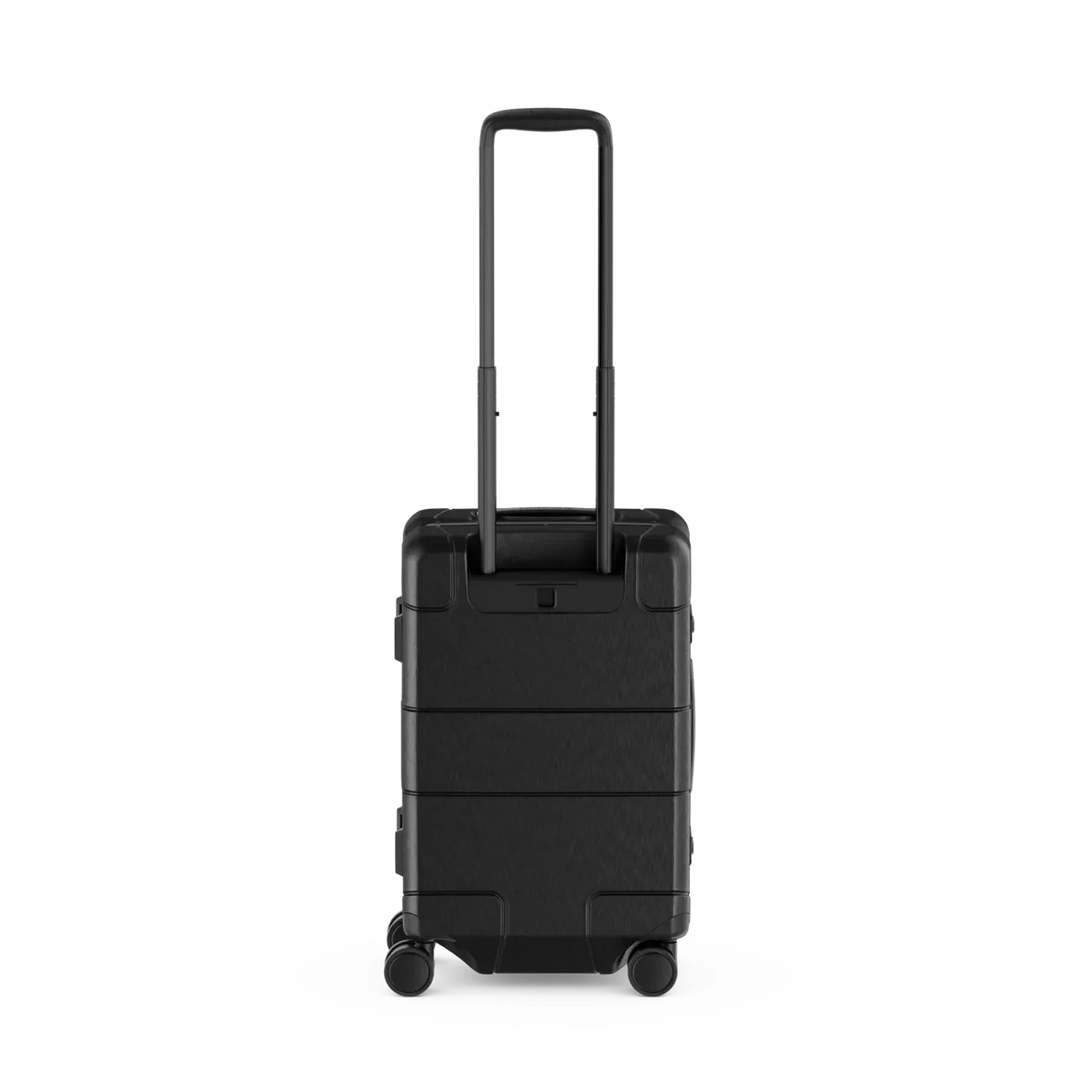 Black hardshell carry-on suitcase with telescoping handle and wheels.