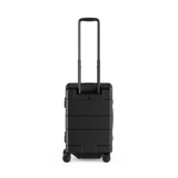 Black hardshell carry-on suitcase with telescoping handle and wheels.