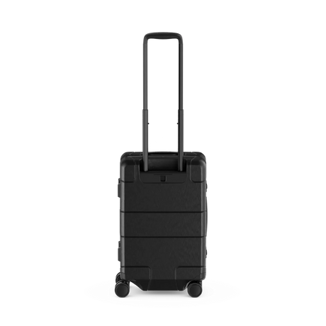 Black hardshell carry-on suitcase with telescoping handle and wheels.