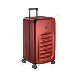 Red hardshell rolling suitcase with a retractable handle and wheels.