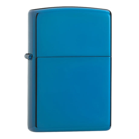 Blue metallic Zippo-style lighter with a hinged lid.