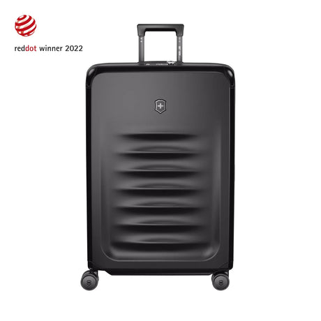 Black hardshell rolling suitcase with horizontal ridges and a retractable handle.