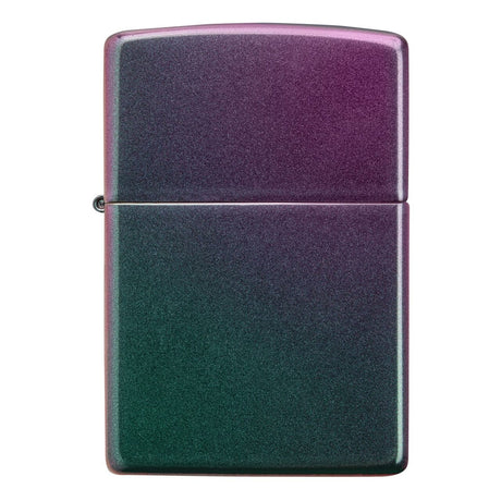 Zippo-style lighter with a gradient purple and green metallic finish.