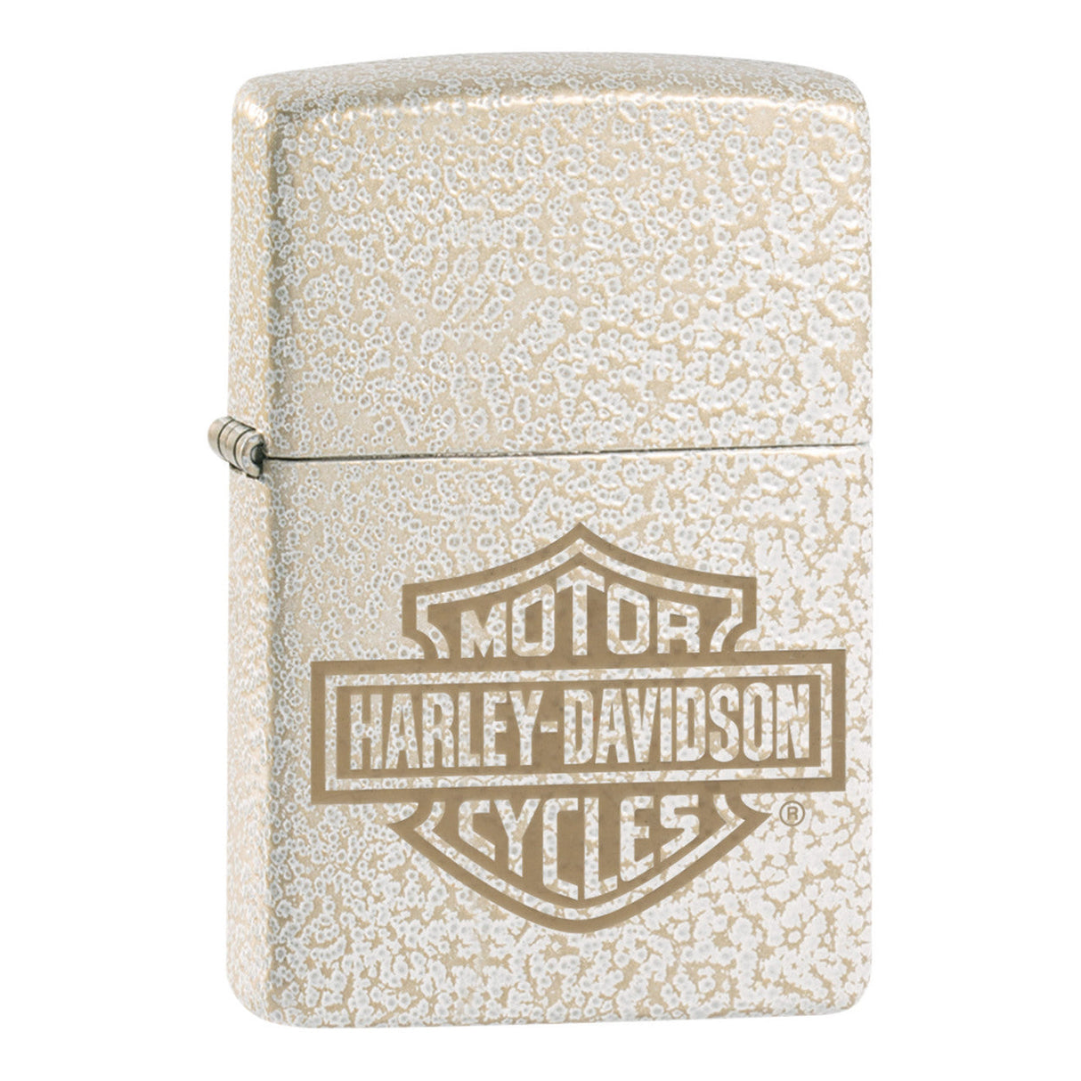 Zippo lighter with a Harley-Davidson logo engraved on its textured metallic surface.