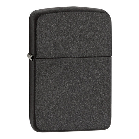 Black matte Zippo-style lighter with a textured surface.