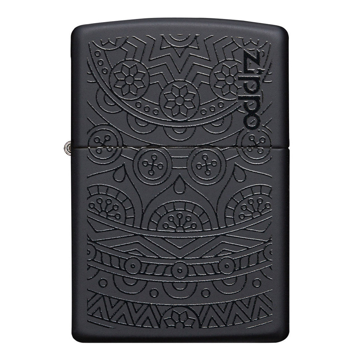 Black Zippo lighter with intricate engraved mandala-style patterns.
