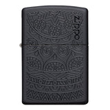 Black Zippo lighter with intricate engraved mandala-style patterns.