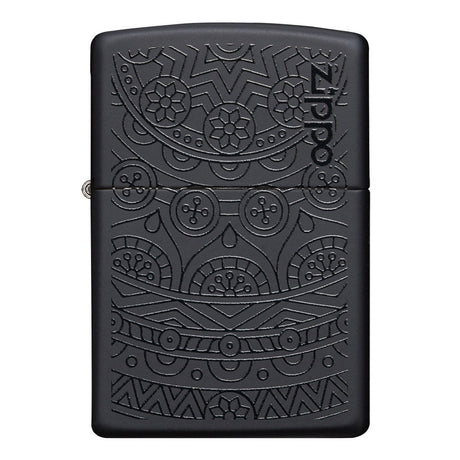 Black Zippo lighter with intricate engraved mandala-style patterns.