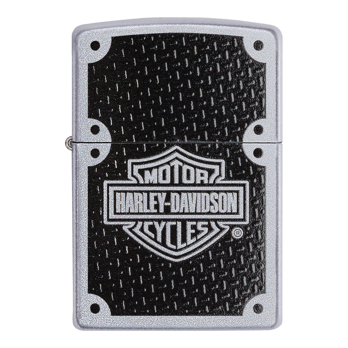 Zippo-style lighter featuring the Harley-Davidson logo on a textured black background.