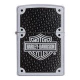 Zippo-style lighter featuring the Harley-Davidson logo on a textured black background.