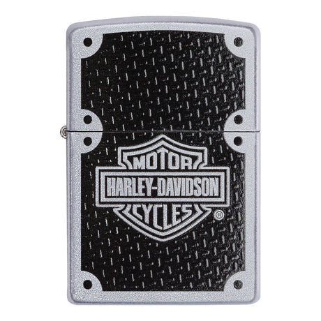 Zippo-style lighter featuring the Harley-Davidson logo on a textured black background.